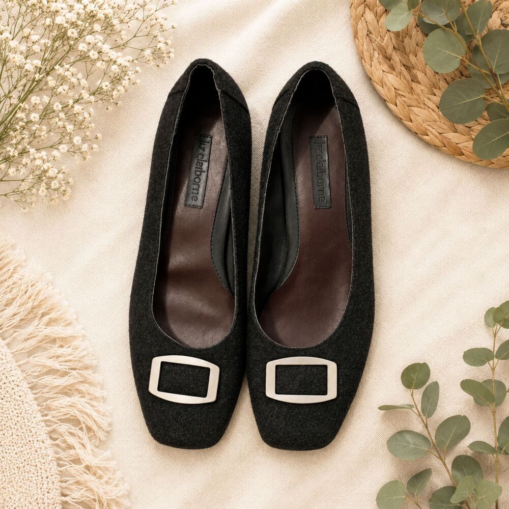 Liz Claiborne Black Square Toe Buckle Ballet Flats Women’s Size 7.5